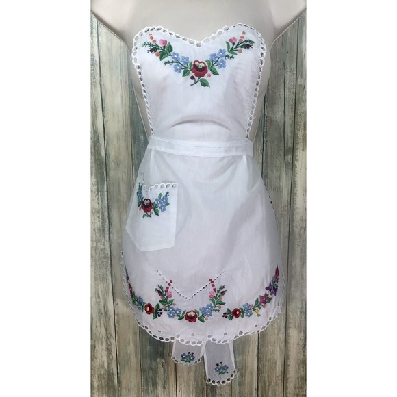 Hungarian Apron Matyo Kalocsa Embroidery Folk L Pocket White Edges Handmade #9 - Picture 1 of 6